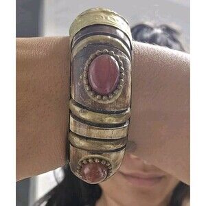 Chunky Bohemian Bracelet Vintage Brass Bone Red Carnelian Gems Rod Closure